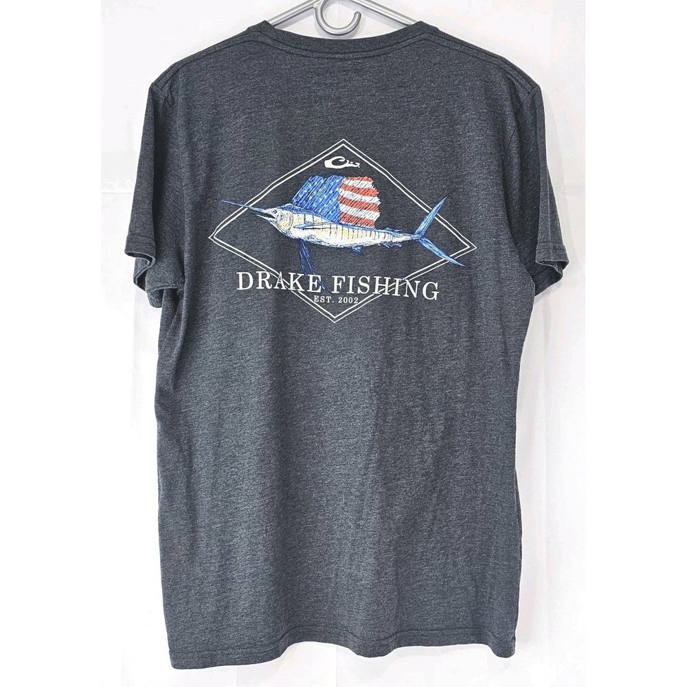 Drake Front And Back Logo Swordfish US Flag TShirt Mens Large Gray Cotton Poly - Picture 1 of 5